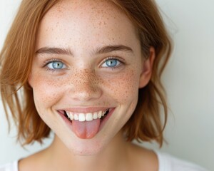 Canvas Print - smiling woman with freckles and blue eyes