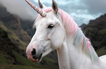 Wall Mural - Majestic white unicorn with pink mane in mountain landscape