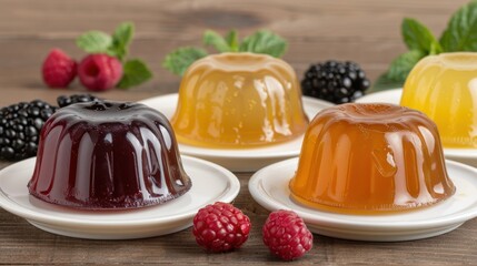 Poster - Assorted jelly desserts on wooden table