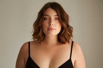 Confident young woman with wavy hair in black top posing in studio