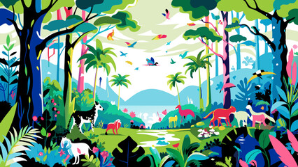 Wall Mural - Vibrant Jungle Wildlife Paradise Illustration