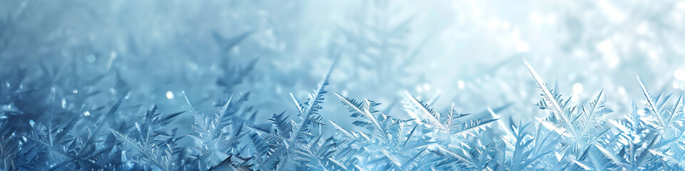 winter banner with frost and ice patterns on glass, new year background, winter cold and holidays co