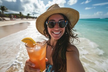 Canvas Print - Selfie Latina woman holding a tropical drink on a beach portrait vacation summer.