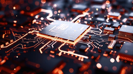 Canvas Print - Close-up view of a glowing electronic circuit board with a central microchip, showcasing intricate pathways and connections.