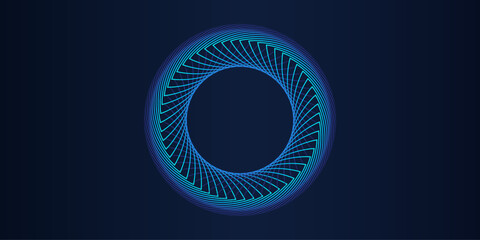 Poster - Abstract glowing circle line pattern spin blue green light isolated on dark background. Futuristic technology design template in concept of music, digital, science, AI