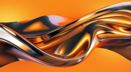 3d render of abstract glass metal background with wavy colorful shapes on orange and black gradient. Shiny metallic texture, flowing lines and waves for design element