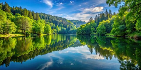 Sticker - Tranquil lake surrounded by lush forest trees, nature, water, landscape, wilderness, trees, scenic, peaceful, reflection