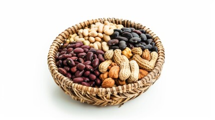 Wall Mural - Assorted beans and peanuts in a small wicker on white background.