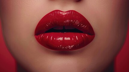 Wall Mural - Red lipstick on woman s lips on a skin colored background