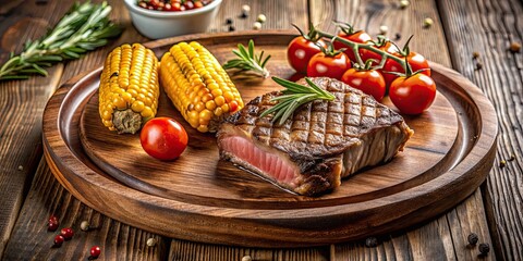 Wall Mural - Grilled steak with a side of corn and tomatoes on a wooden plate, grilled, steak, corn, tomatoes, vegetables, BBQ, food, meal