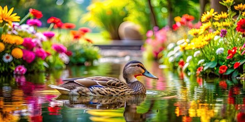 Sticker - Playful duck swimming in a serene pond surrounded by vibrant green plants and colorful flowers, duck, waterfowl, pond, swimming