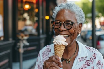 Poster - Woman eating ice cream cone dessert smile food.