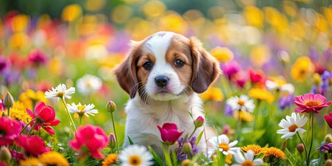 Poster - Adorable puppy playing in a field of colorful flowers , cute, playful, pet, dog, fur, furry, young, energetic, joyful