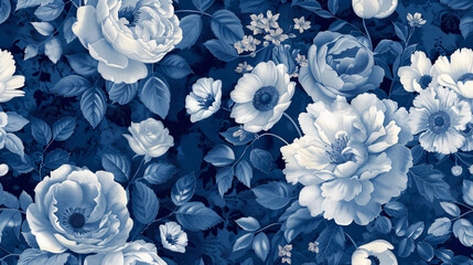 Wall Mural - Blue and white floral pattern with roses, peonies, anemones and leaves on vintage background. Vintage style wallpaper for wall or textile design.


