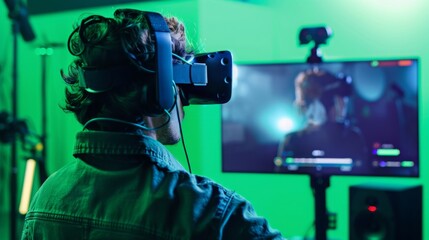 Poster - A man wearing a VR headset is immersed in a virtual world, with a green screen backdrop and a monitor displaying a video game scene.