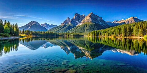 Sticker - Tranquil mountain landscape with a peaceful lake reflecting the clear blue sky , mountains, water, nature, serene