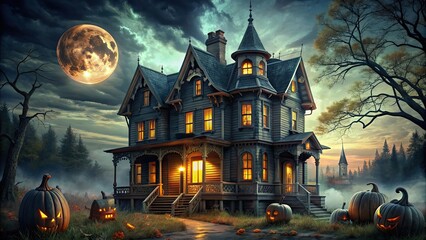 Poster - Spooky Halloween decorations in a haunted house , Halloween, October, trick or treat, pumpkins, ghosts, witches, costumes