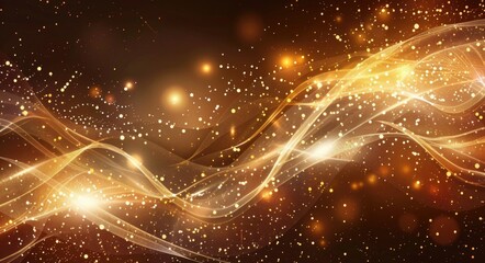 sparkling. dark brown abstract background with golden light lines and particles