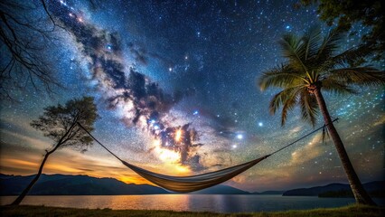 Wall Mural - Stunning view of starry night sky in hammock, starry night, hammock, relaxing, peaceful, calming, serene, nature