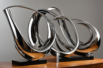 3D rendering Dynamic Abstract metal sculptures. Twisting forms and polished surfaces High Quality Metal