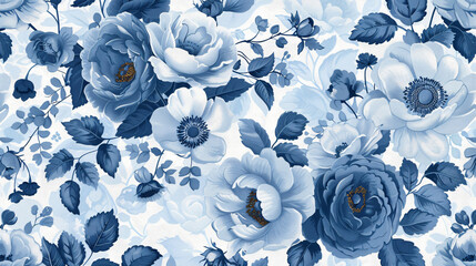 Wall Mural - Blue and white floral pattern with roses, peonies, anemones and leaves on vintage background. Vintage style wallpaper for wall or textile design.


