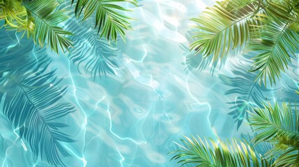 Wall Mural - 3D rendering of palm leaves shadow on the water surface in a swimming pool with a light blue background