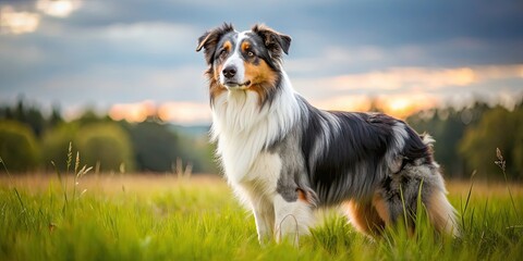 Poster - American Shepherd dog standing in a field with a beautiful coat and attentive expression, dog, American Shepherd, pet, animal