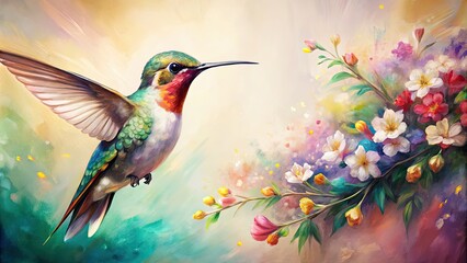 Sticker - Close-up abstract painting of a little bird hummingbird with flowers on a light background, Hummingbird, bird