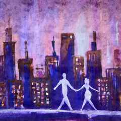 Canvas Print - AI illustration of an abstract watercolor painting of a couple holding hands with a city skyline