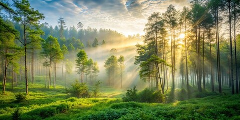 Poster - Serene misty forest morning background with greenery and copy space , nature, tranquil, peaceful, misty, forest, morning