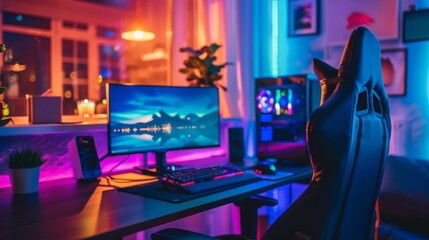 Wall Mural - A gaming setup with a computer monitor, keyboard, mouse, and a gaming chair, all lit up with colorful lights.