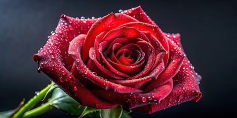 Poster - Elegant single red rose with dew drops, love, romance, passion, beauty, nature, flower, majestic, blooming, gift, delicate