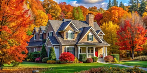 Poster - Beautiful house surrounded by colorful autumn foliage, autumn, season, house, architecture, exterior, foliage, trees, vibrant