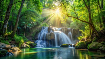 Sticker - Tranquil waterfall in a lush forest setting with sunlight filtering through the trees , waterfall, greenery, stream, sunlight