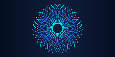 Poster - Abstract blue-green light lines weave a pattern in a circular shape. Vector illustration in concept of yoga, science, music.