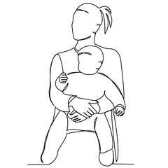 Canvas Print - continuous single drawn one line mom with her son in her arms a hand-drawn picture silhouette. Line art. doodle.