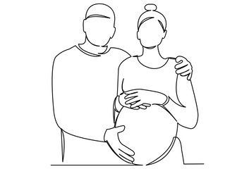 Wall Mural - continuous single drawn one line pregnant couple in love expecting a child hand-drawn picture silhouette. Line art. doodle.