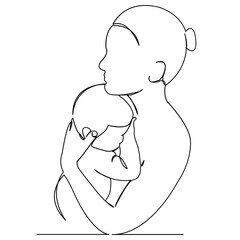 Canvas Print - continuous single drawn hand-drawn picture silhouette by one line mother with baby in her arms. Line art. doodle.