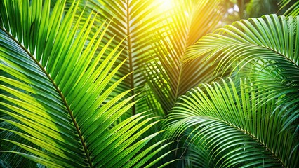 Canvas Print - Fresh green palm leaves in natural sunlight, tropical, vibrant, nature, foliage, lush, botanical, vibrant, greenery