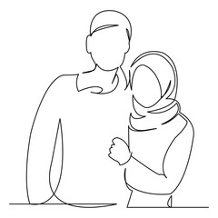 Wall Mural - continuous single drawn one line love couple muslim hand-drawn picture silhouette. Line art. doodle.