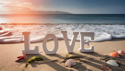 the inscription love on the sea sandy beach