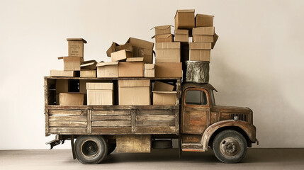 Sticker - An old, rustic truck loaded with numerous cardboard boxes of various sizes stacked on top and inside the truck bed.