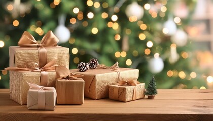 Wall Mural - christmas gifts on table christmas tree background