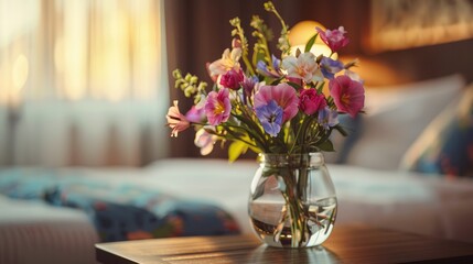 Poster - Flower displayed in glass vase on hotel room wooden table