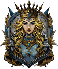 Medieval beautiful queen. Isolated drawing on a white background. Design for T-shirts, cards, children's items.Transparent background,  generative AI.