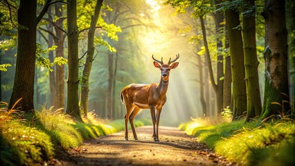 Poster - A deer bathed in sunlight on a forest path , deer, woods, nature, forest, path, trees, green, ferns, sunlight, beam