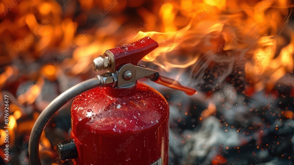 This photograph captures the moment a fire extinguisher releases foam ...