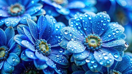 Wall Mural - Close up of vibrant blue flowers covered in sparkling water droplets, blue, flowers, close up, macro, nature, water drops