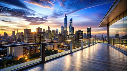 Poster - A stunning view of a city skyline at dusk seen from a balcony, beautiful, view, balcony, city, skyline, dusk, sunset