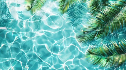 Wall Mural - 3D rendering of palm leaves shadow on the water surface in a swimming pool with a light blue background